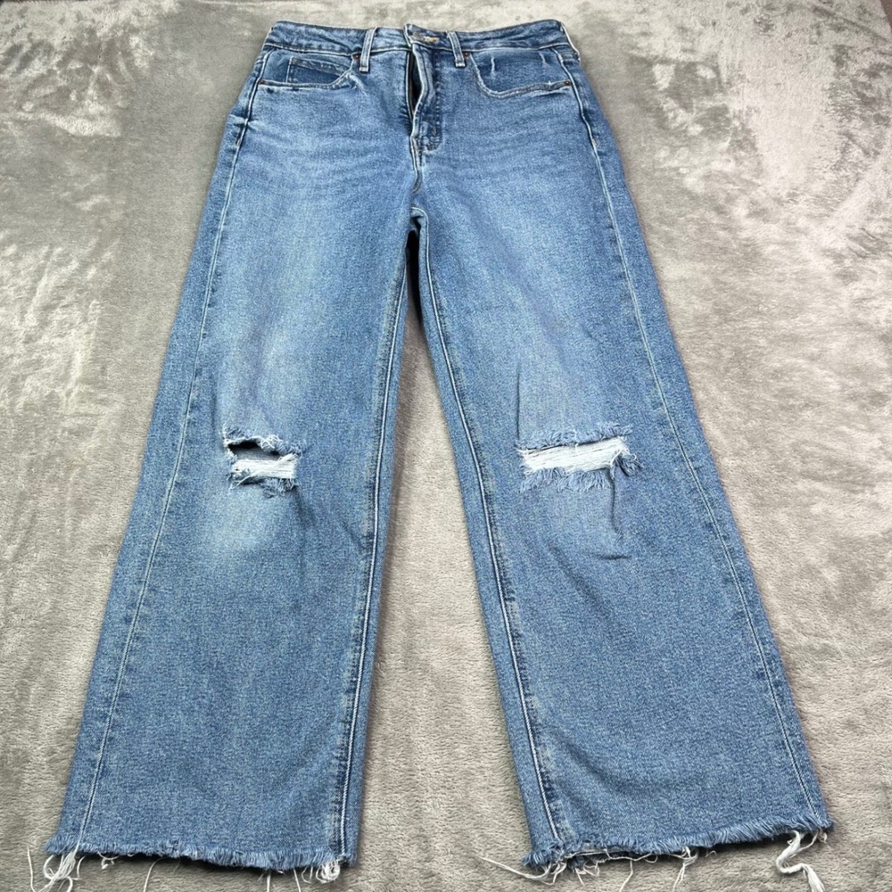 Old Navy Sky-Hi Wide Leg Jeans Womens 4 Blue Distressed Stretch Raw Hem Denim